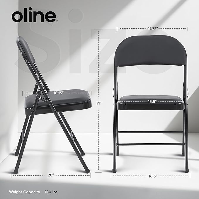 Oline Vinyl Folding Chairs, Padded Vinyl Cushion Chairs with Durable Metal Frame, Indoor Outdoor Stackable Foldable Guest Chairs for Office Wedding Kitchen Dining, 300lb Capacity (Black, 2 Pack)