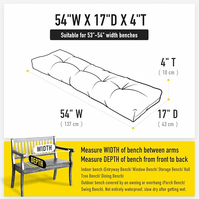 SUNROX LokGrip Non Slip Tufted Memory Foam Bench Cushion, FadeShield Water Resistant Durable Thicken Outdoor/Indoor Bench Seat Pads 54x16x4 inch, Husk Birch