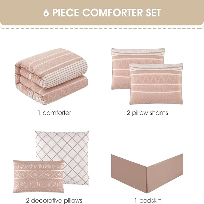 Grand Avenue Cotton California King Size Comforter Set, 6 Piece, Blush Geometric Jacquard Bedding Set, Bedskirt, Pillows & Shams, Home Decor