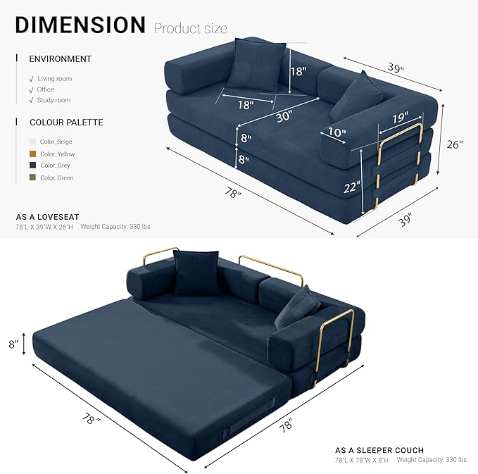 78" Convertible Sleeper Sofa Bed, Corduroy Folding Sofa Bed with Fixed-Shape Frame, Fold Out Floor Mattress Couch, Lazy Compression Sofas for Living Room, Bedroom, No Assembly Required, Blue