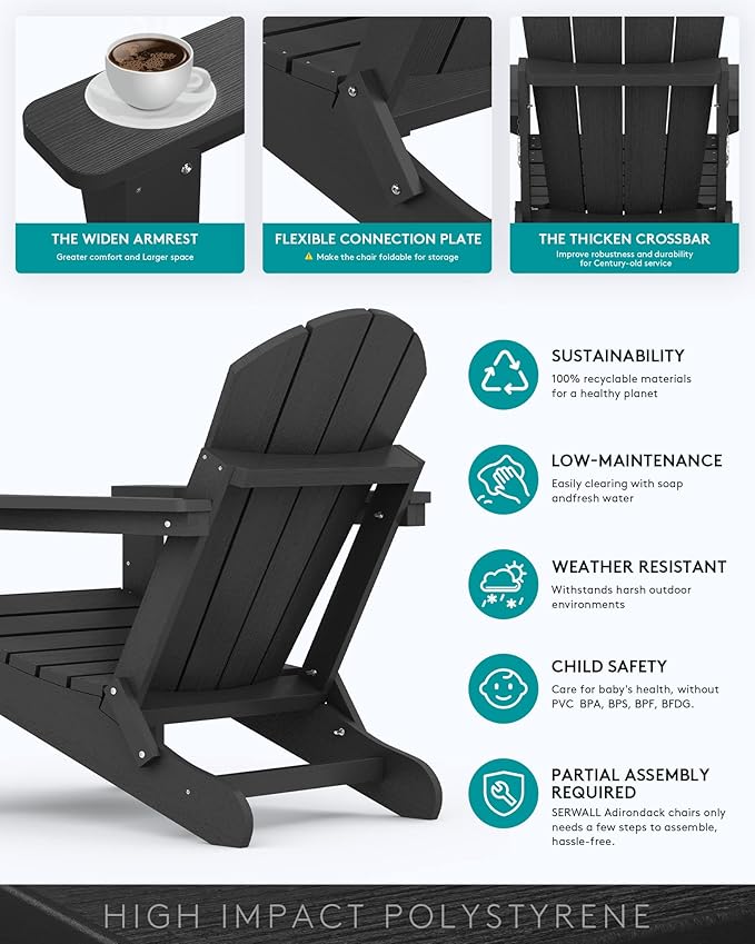 SERWALL Folding Adirondack Chairs Patio Chairs Lawn Chair Set of 8 Outdoor Adirondack Chair Weather Resistant for Patio Deck Garden, Backyard Deck, Fire Pit - Black