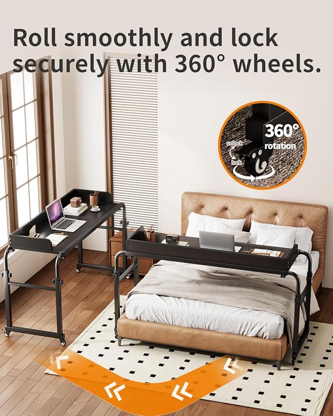Saifu Overbed Table with Wheels,Adjustable Height & Length Laptop Desk for Bed,King & Queen Size Beds Bed Table,Rolling Standing Desk,Over Bed Table for Working Reading Eating,Black