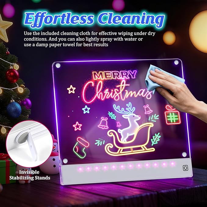 Rechargeable LED Drawing Board for Kids with Tracing Pages, Lumi Board Magnetic Light Up Acrylic Dry Erase Board, LED Note Board with 4 Magnets and Built-in Stand Christmas Gift Toy for Kids/Girls