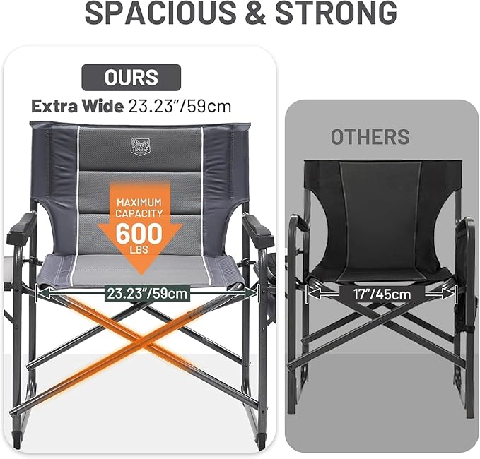 Timber Ridge XXL Oversized Directors Chair 600lbs - Heavy Duty Camping Chair with Cooler Bag & Table, Portable Folding Chair with Wide Seat for Tailgating, Patio, Outdoor - Grey (2 Pack)