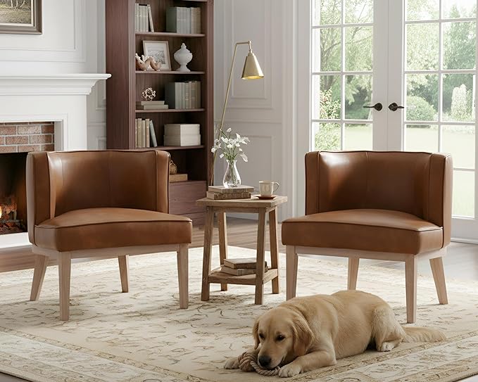 Mid Century-Modern Brown Faux Leather Accent Chairs Set of 2, Comfy Upholstered Barrel Chairs with Wood Leg Reading Armchairs Waiting Room Round Side Chairs for Small Spaces/Living Room/Bedroom/Office