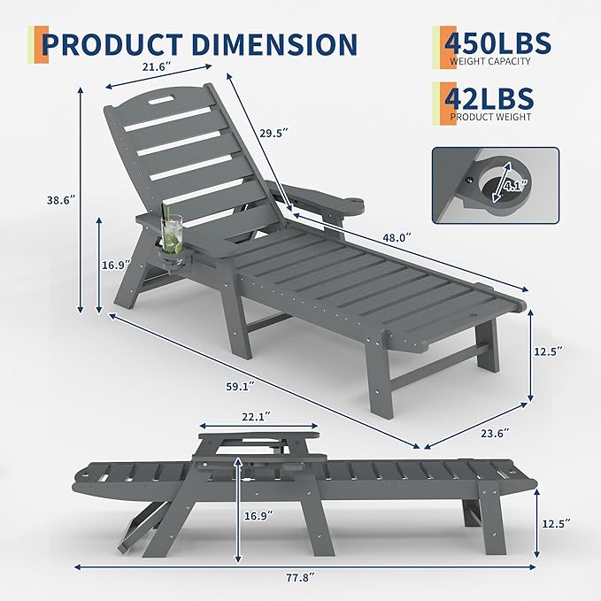 GarveeLife Outdoor HDPE Chaise Lounge, Oversize HDPE 5-Position Pool Lounge Chairs, Pool Lounges Chairs
