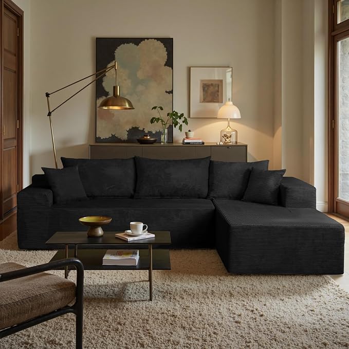 Sectional Cloud Boneless Couch for Living Room Bedroom, Comfy Modern L Shaped Modular Sofa with Right Chaise, Deep Seat Upholstered Memory Foam Couch in Box, No Assembly (Fine Striped Corduroy, Black)