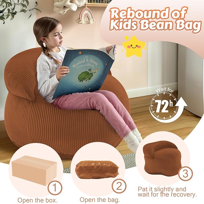 COMAX Bean Bag Chair for Kids, Convertible Toddler Beanbag Bed Corduroy, Children Bean Chair Stuffed to Floor Mattress with Filler, Orange