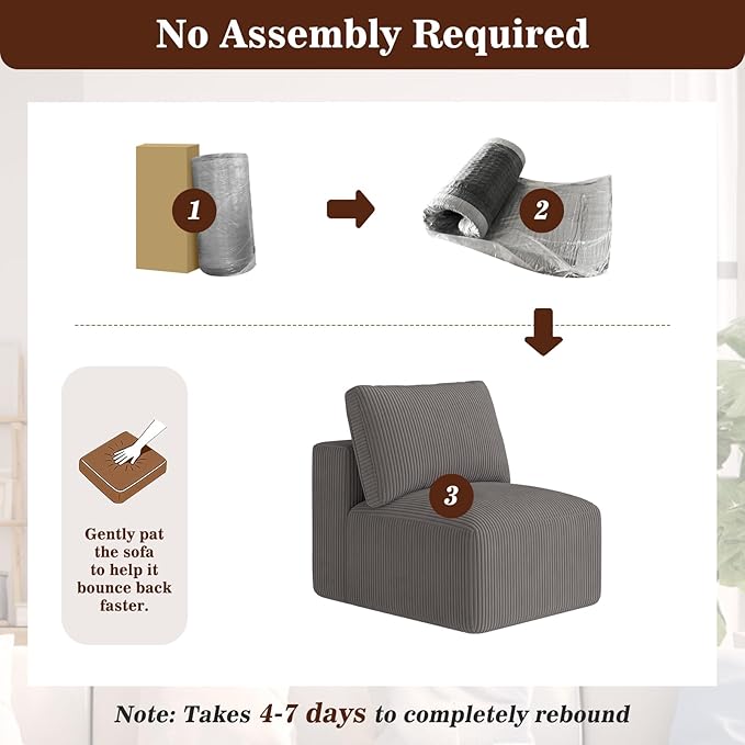 31" Modular Middle Seat Cloud Couch Extension, Armless Memory Foam Boneless Chair, Cozy Upholstered Corduroy Frameless Single Seat, No Assembly Required Accent Chair for Living Room Home Decor, Grey