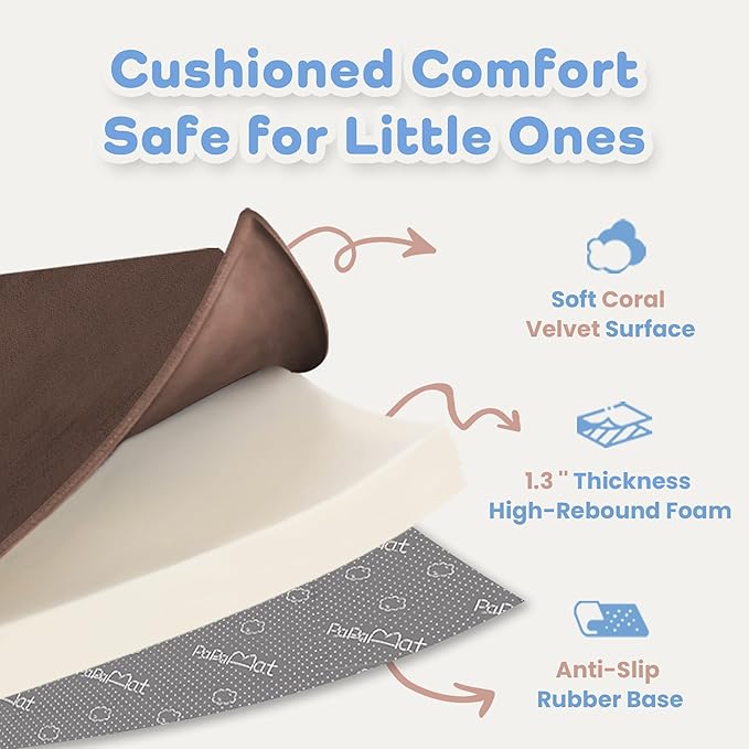 PAPAMAT 1.3" Thick Baby Floor Play Mat 50x50, Basic Padded Foam Mat for Tummy Time Crawling, Non Slip Cushioned for Babies Toddlers Infants Kids (Brown)