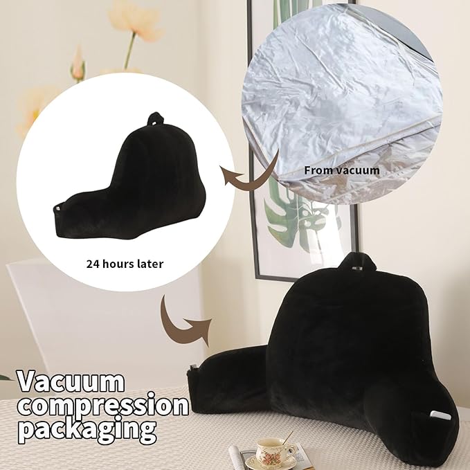 PAJEO Reading Pillow for Sitting in Bed, Large Backrest Reading Pillow with Arm Rest,Back-Rest Support Cushion for Sit Up on Couch, Sofa, and Floor, Dorm Essentials (Black Faux Fur, Large(19"))