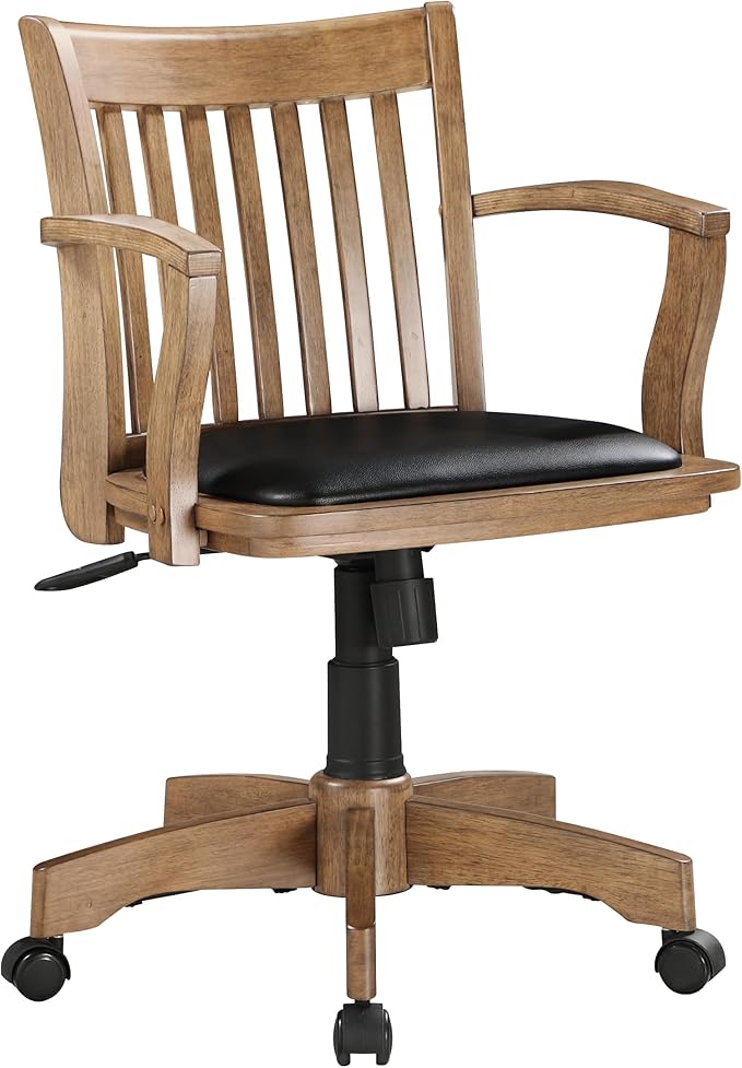 OSP Home Furnishings Deluxe Wood Banker's Desk Chair with Padded Seat, Adjustable Height and Locking Tilt, Fruitwood Finish and Black Vinyl
