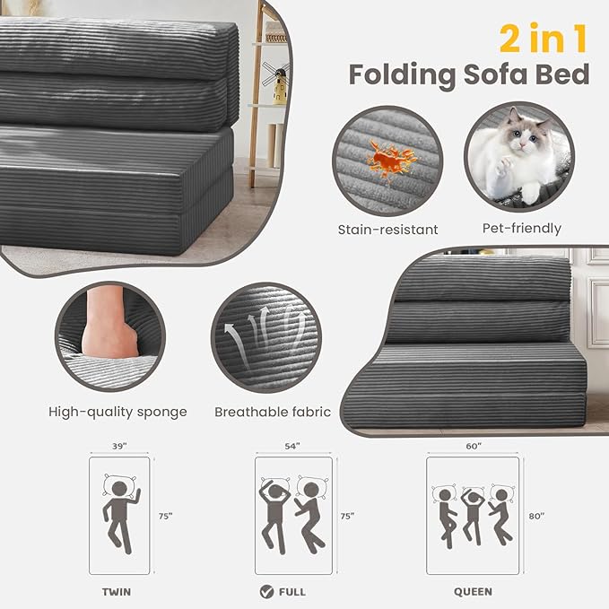 Folding Sofa Bed, Convertible Sleeper Chair with Pilow Foldable Matress, 2 in 1 Pull Out Loveseat Sofa Portable Fold Out Chair Bed Floor Couch Lounge for Living Room Bedroom (Grey, Full)