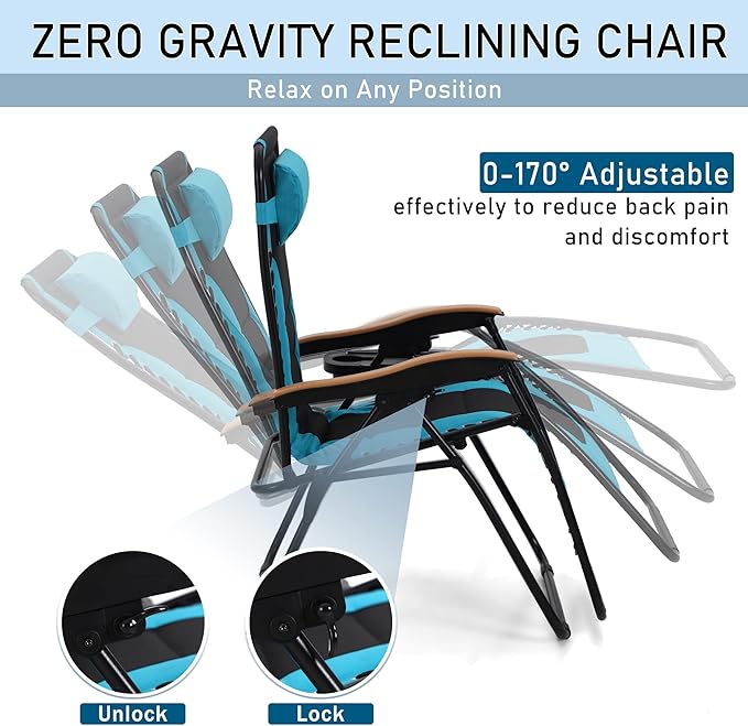 PHI VILLA XXL Oversized Padded Zero Gravity Chair Set of 2, Foldable Patio Recliner, 30" Wide Seat Anti Gravity Lounger with Armrest and Cup Holder, Support 400 LBS (Aqua Blue)