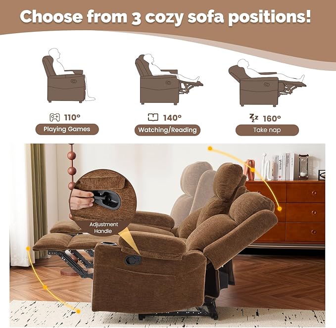 PALLOME Chenille Reclining Sofa 3-Seater with Convertible Table, Storage Ottoman & Cup Holders | Modern Space-Saving Couch, Ergonomic Living Room Furniture (Brown)