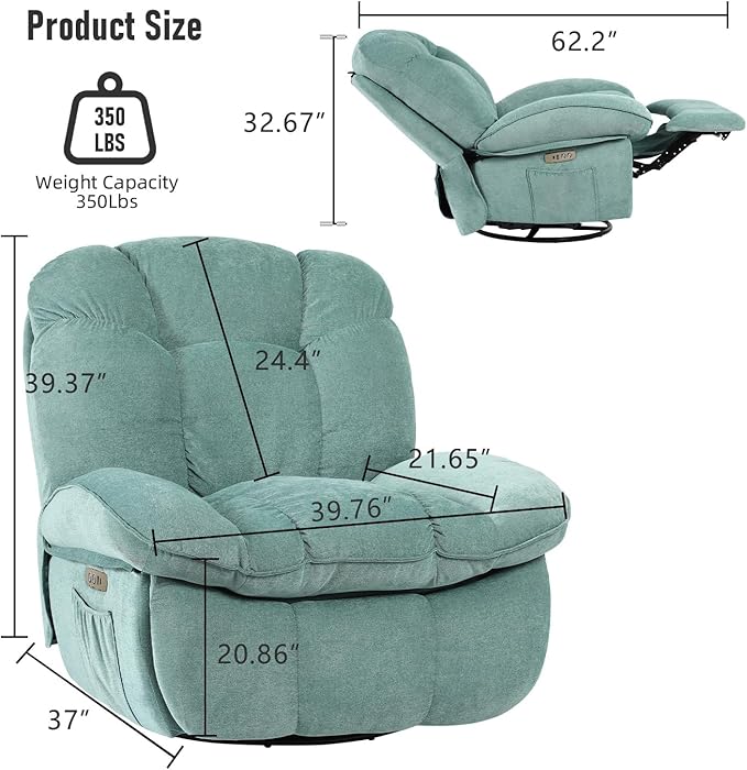EDWELL Green Massage Swivel Recliner Chair, Oversized Rocker Recliner with Heated, Vibration Massage and Lumbar Heat Ergonomic Rocker Chair for Adults with Side Pocket, USB Charge Port