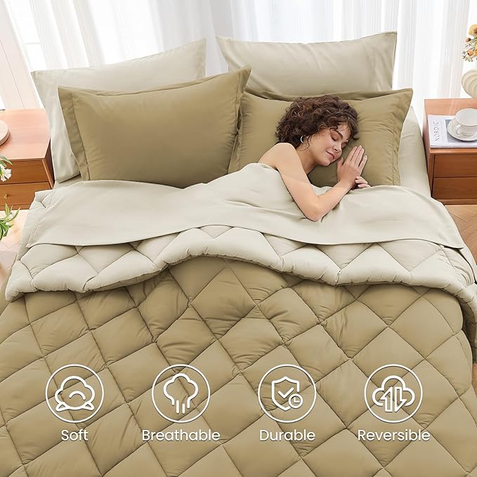 MUXHOMO 7 Pieces Full Comforter Set, Reversible Bed in a Bag Full Size, All Season Bedding Set with Comforter, Flat Sheet, Fitted Sheet, Pillowcases & Shams, Khaki & Linen