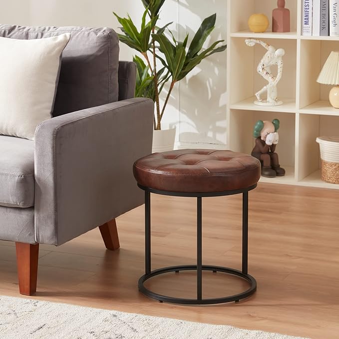 DUHOME Faux Leather Ottoman Stool, Vanity Chair Button Tufted Footrest Stool Makeup Stool with Metal Base for Living Room Bedroom, Dark Brown