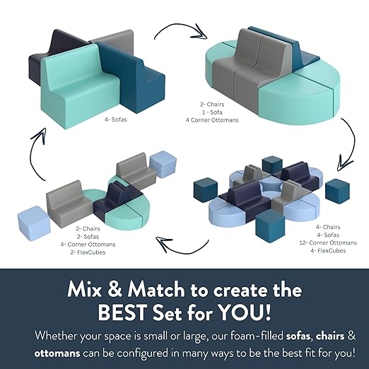 Children's Factory Versatile 3-in-1 FlexCube, Mix-and-Match Kids Chairs, Sofas, Corner Ottomans and Cubes, Foam-Filled and Water-Resistant, Flexible Seating for Classroom Elementary, Deep Water