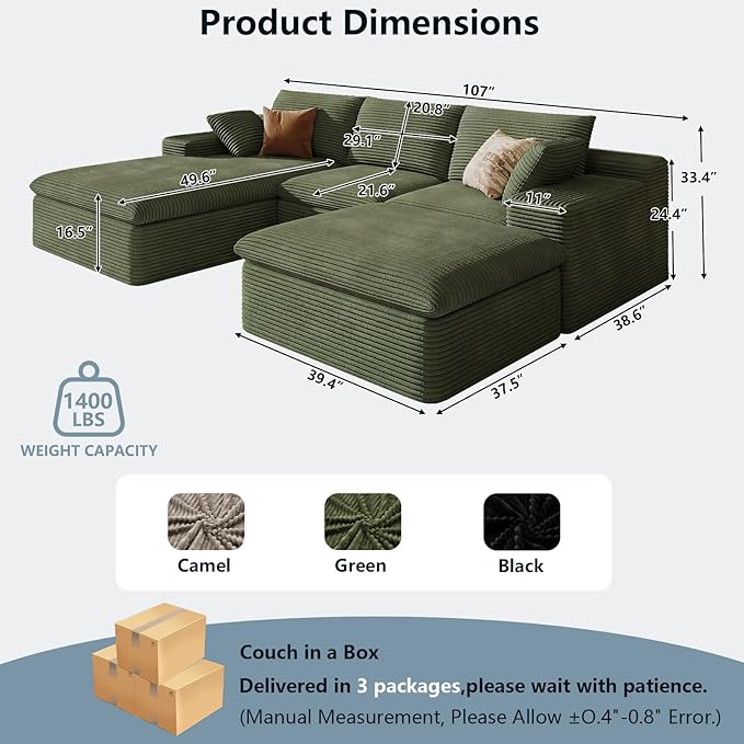 107" Cloud Sectional Couch with U-Shaped Chaise,Corduroy Viral Boneless Sofa with Ottoman,Memory Foam Couches in a Box with Deep Seat for Living Room,No Assembly Required (Green,Left-Facing Chaise)