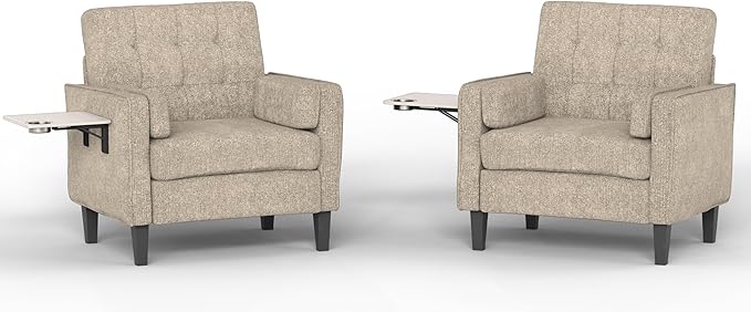Chenille Accent Chair, Mid Century Modern Arm Chair with Foldable Wooden Side Table & Cup Holder - Comfy Reading Chair for Bedroom,Living Room Chairs,Sofa Chair Set of 2,Beige