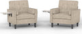 Chenille Accent Chair, Mid Century Modern Arm Chair with Foldable Wooden Side Table & Cup Holder - Comfy Reading Chair for Bedroom,Living Room Chairs,Sofa Chair Set of 2,Beige