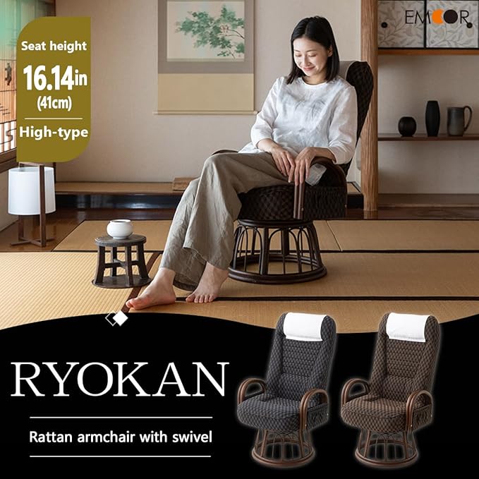 EMOOR Tatami Chair Japanese-Style Swivel Chair RYOKAN (Navy), Natural Rattan Armrest Recliner Living Room Upholstered Single Futon Sofa