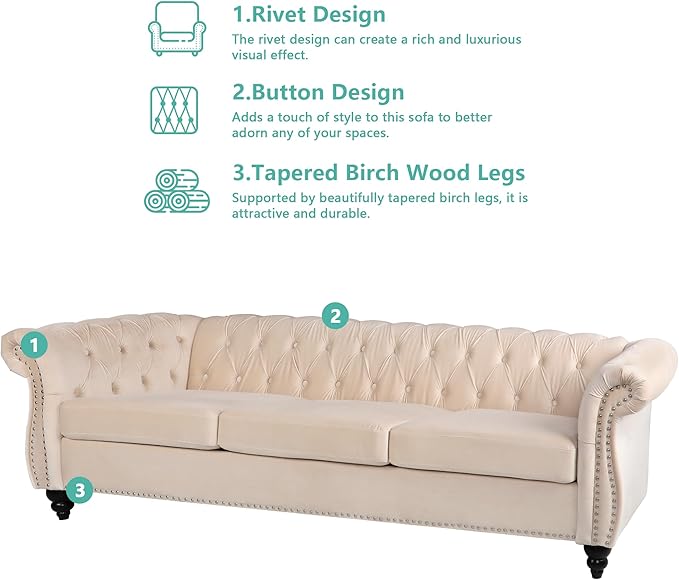 QHITTY Accent Large Sofa, Chesterfield Couch 3 Seater Modern Velvet Couch Upholstered Sofa with Tufted Back for Living Room Furniture (Beige)