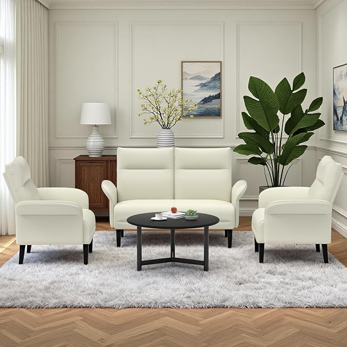 3-Piece Symmetrical Shawl Arm Sofa Set, Faux Leather Loveseat & 2 Accent Chairs with Wide Armrests, Wooden Legs, Upholstered Living Room Set for Cozy Spaces(Beige)