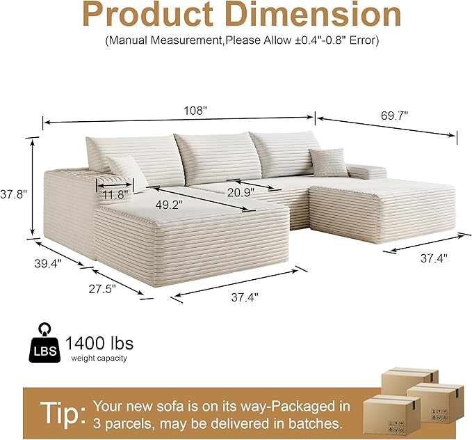 AUGOP 108" Sectional Couches for Living Room Modern Modular Sofa with L-Shape Couchs Upholstered Boneless Couch Deep Seat Sectional Couch with Chaise (White, Left Facing Chaise+2Seaters+1Ottoman)