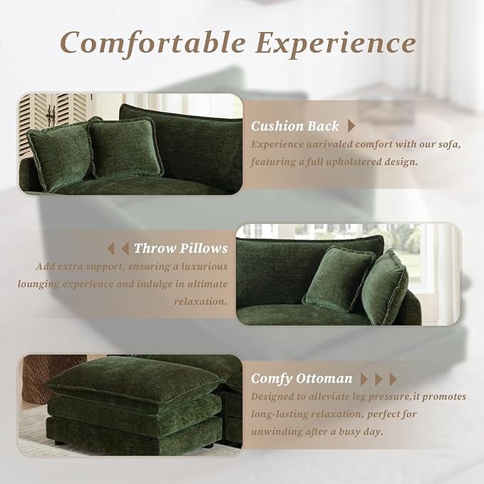 SoarFlash Chenille Sectional Sofa, Comfy Modular Coush Sofa with Ottoman, Modern 2 Seat Recliner Deep Seat Sofa Set for Living Room,Green