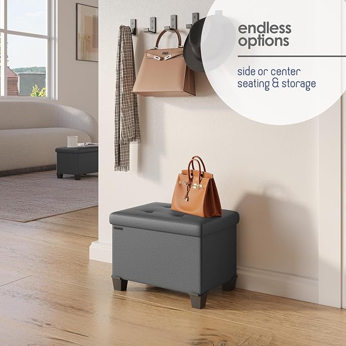 Storage Ottoman Cube with Small Bin, 16-in Square Ottoman with Storage for Living Room and Bedroom, Small Ottomans Foot Rest, Faux Leather Foot Stools Ottomans Max 330lbs, Grey