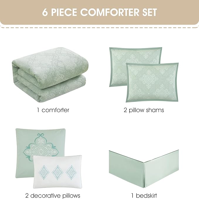 Grand Avenue 6 Piece Cotton Sage Comforter Set, Queen Size Jacquard Bedding Set, All Season Geometric Bedding, Matching Pillows, Shams, Bed Skirt