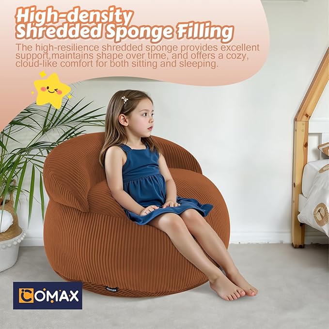 COMAX Bean Bag Chair for Kids, Convertible Toddler Beanbag Bed Corduroy, Children Bean Chair Stuffed to Floor Mattress with Filler, Orange