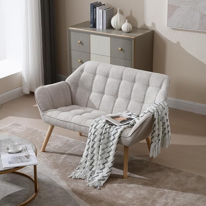 QUINJAY 48" Small Loveseat Sofa, Modern Linen Fabric Mini Sofa Couch 2-Seater Love Seat with Quilting Backs and Wood Legs for Living Room, Bedroom and Small Space, Beige