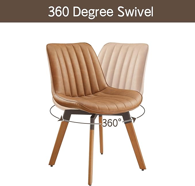 Art Leon Swivel Dining Chairs Set of 2, Mid Century Modern Kitchen Dining Room Chairs, Upholstered Faux Leather Armless Side Chair with Wood Legs for Living Room Bedroom, Red Brown