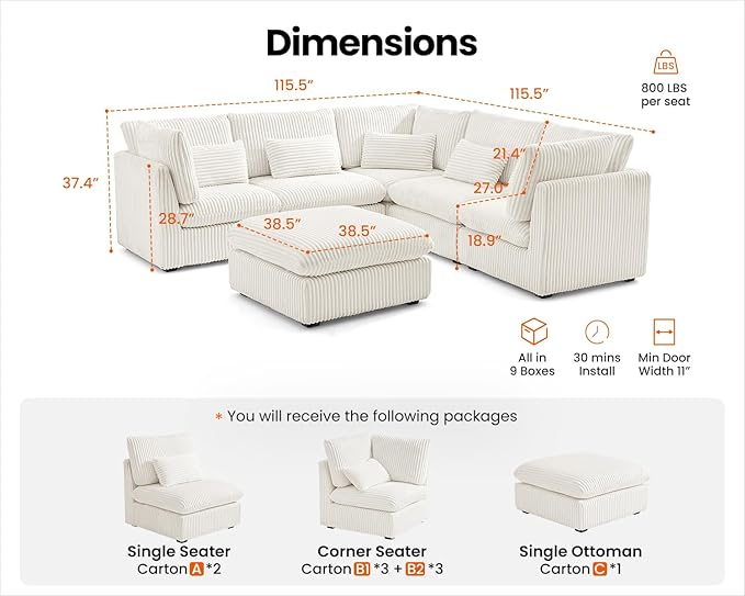 Oversized Modular Sofa, Extra Deep Cloud Corduroy Sectional Couch with Ottoman Chaise, Fluffy Chenille Corner V Shape Sofa for Living Room, Villa (Corner V Shape+Ottoman, Corduroy White)