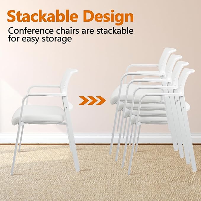 CLATINA Mesh Back Stacking Arm Chairs, Office Reception Guest Chair, Desk Chair No Wheels Ergonomic Lumbar Support and Thickened Seat Cushion for Waiting Conference Room White(2 Pack)