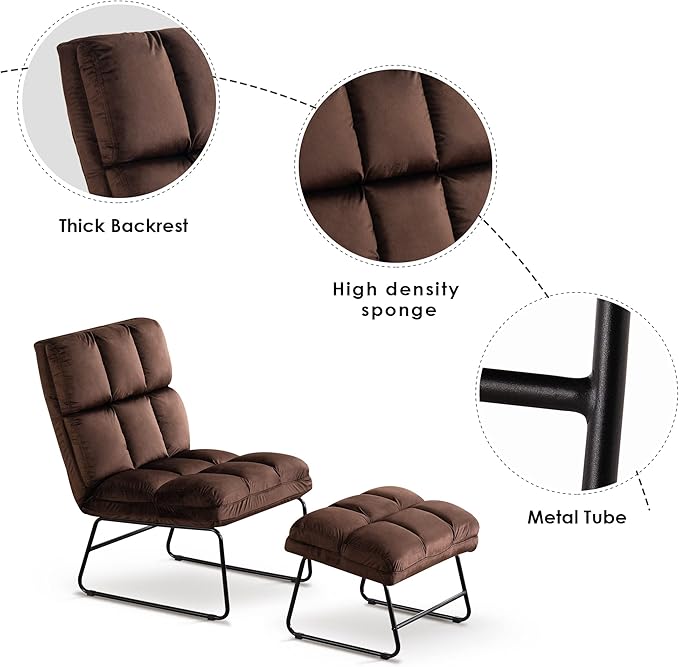 MCombo Velvet Accent Chair with Ottoman Set, Modern Armless Chair for Living Room, Bedroom, Small Space 0014 (Velvet, Brown)