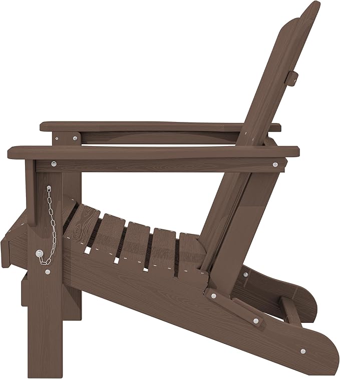 KINGYES Folding Adirondack Chair, HDPE All-Weather Patio Chairs, Wooden Textured Lawn Chair for Poolside, Backyard, Deck, Fire Pit, Brown