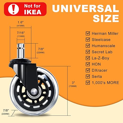 FreekyFit Office Chair Wheels for Casters Replacement - 3" Rubber Wheels for Computer Gaming Desk Caster Smooth & Safe Rolling for All Floors Including Hardwood and Carpet - Set of 5 - Modern