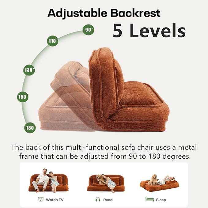Foldable Lazy Sofa Bed, Chenille Upholstered Human Dog Bed for Adults, 2 in 1 Convertible Floor Sofa with 5 Adjustable Backrest Positions and Soft Cushions for Living Room (Orange)