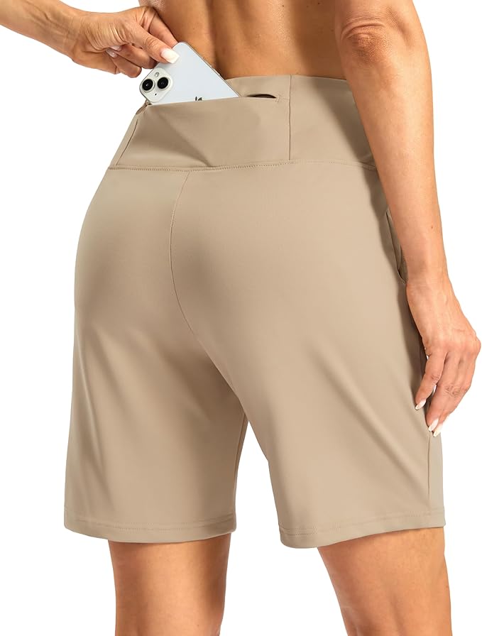 Women's Athletic Shorts with Zipper Pocket 7" High Waisted Stretchy Bermuda Shorts for Women Workout Running Casual