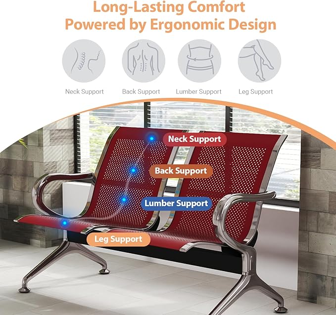 Kinfant 2-Seat Waiting Room Chair - Office Guest Reception Chairs with Ergonomic Backrests, Airport Waiting Bench with Armrests, Metal Waiting Furniture for Hospital, Bank (Dark Red, Set of 2)