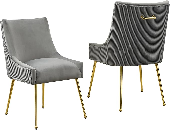 WUTUTUEE Velvet Dining Chairs Set of 2 Gold Legs,Upholstered Velvet Accent Chairs, Pleated Back Design & Gold Pull Handle, Mid Century Modern Chairs for Dining/Kitchen/Living Room,Light Grey