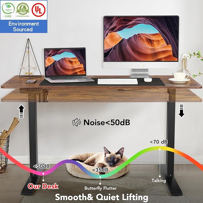farexon Electric Standing Desk Adjustable Height, 55 x 24 Inch Sit Stand up Desk with Large Mouse Pad, 2 Metal Hook,4 Wheels,4 Memory Preset Heights Home Office Computer Desk（Brown）