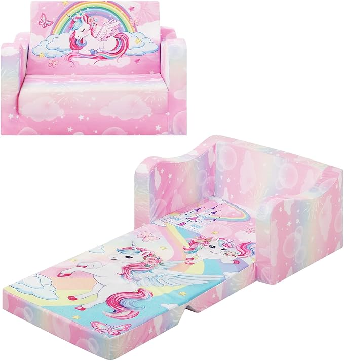 alldomess Comfy Kids Couch, 2-in-1 Folding Kids Sofa Bed for Toddler Girls, Convertible Sofa to Lounger Toddler Couch Chair for Baby Bedroom Playroom Nursery,Unicorn Rainbow