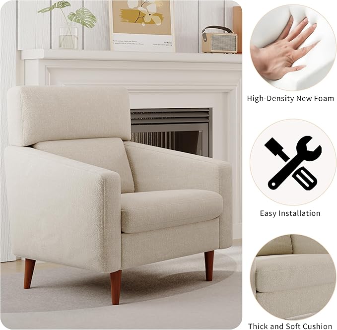 EJUNQ Mid-Century Accent Chair,Fabric Modern Reading Living Room Chairs, Upholstered Armchair with Wood Legs，Cozy Reading Chair for Living Room，Bedroom（Beige