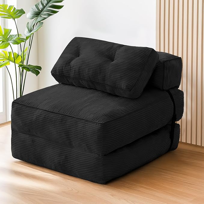 tantohom Folding Sofa Bed, Convertible Sleeper Chair with Pillow Foldable Mattress with Back Support,Space-Saving Sofa for Living Room,Bedroom (Black)