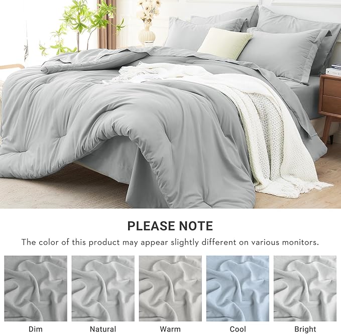 MUXHOMO 7 Pieces California King Comforter Set, Soft Bed in a Bag Cal King Size, All Season Bedding Set with Comforter, Flat Sheet, Fitted Sheet, Pillowcases & Shams, Light Grey